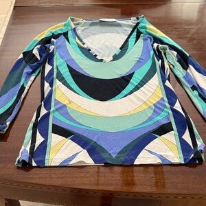 Emilio Pucci tee in vintage colors of blues, purple, & green, size 40 (6-8)